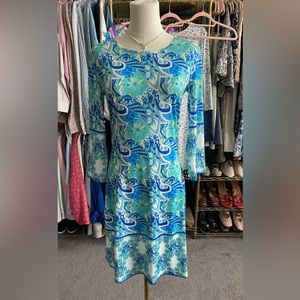 Jean-Pierre-Klifa Paris Blue Sheath Dress with Bishop Sleeves and Crew Neck.